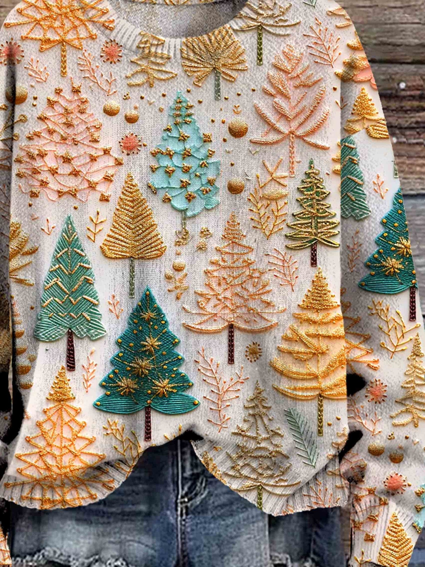 Jennifer - Suéter Navideño de Punto Con Estampado Artístico de Árbol de Navidad
